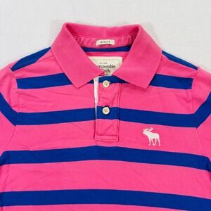 Abercrombie & Fitch Mens Med Muscle Fit Polo Shirt Pink Blue Striped Moose Y2K